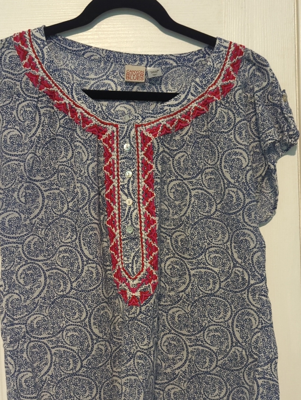 Canyon River Blues Blue Paisley Tunic with Bright Red Embroidered Neck